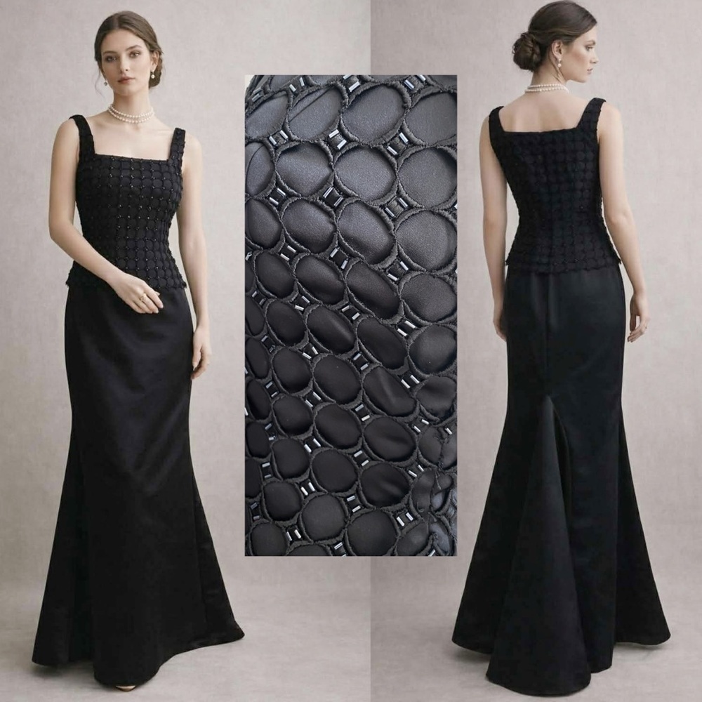 Cachet Black Satin Evening Gown Sequin Beaded Maxi Dress Wedding Formal 90s 10